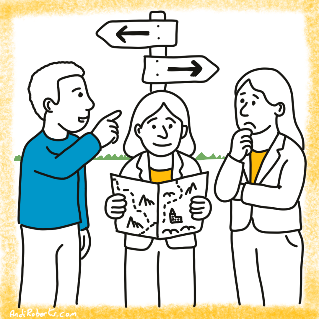 Three people trying to problem solve their direction of travel. Aiming to support the Emotional Intelligence facet of problem solving