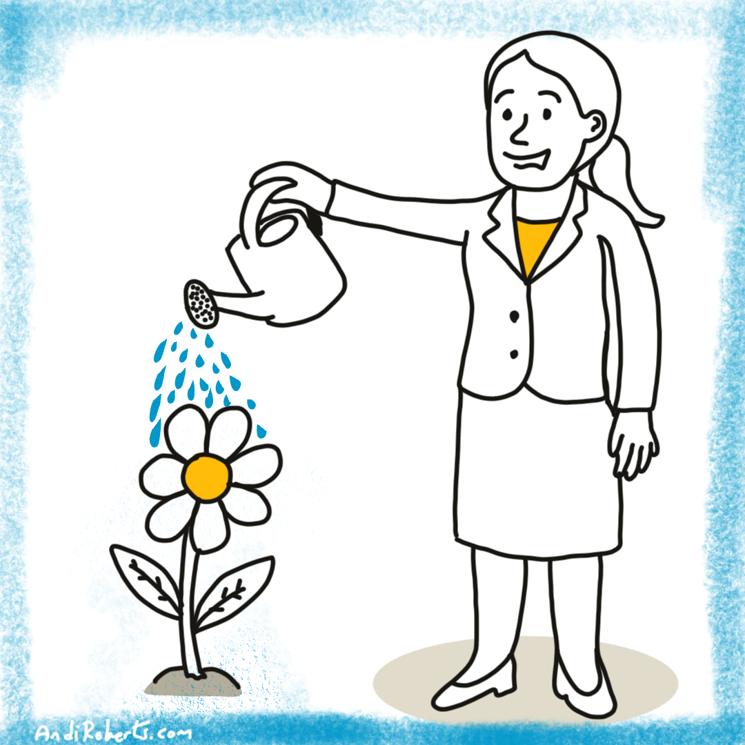 A woman in business attire waters a flower, symbolising a leader nurturing growth and confidence in others through attention and support.