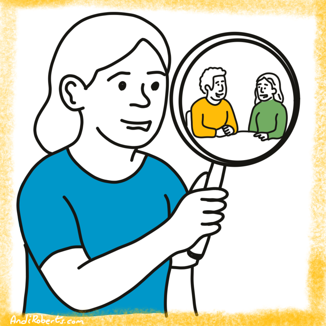 Person looking through a magnifying glass as a metaphor for reality testing