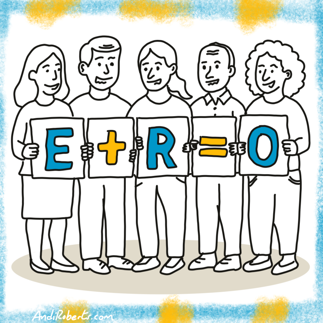 Illustration of the E + R = O leadership mindset model showing how event plus response equals outcome.