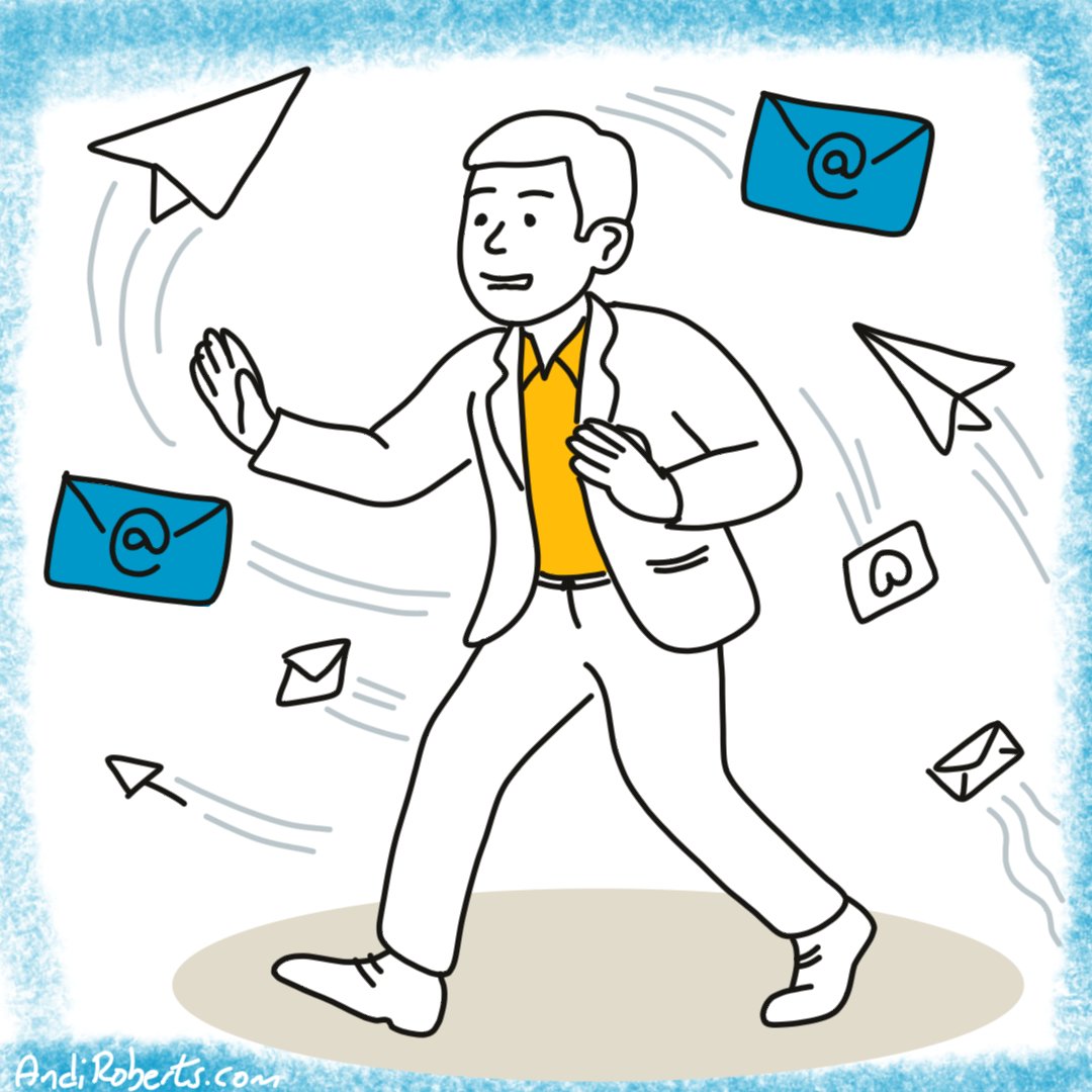 A person calmly battling with a whirwind of email, messages and paper aeroplanes, denoting EQI impulse control