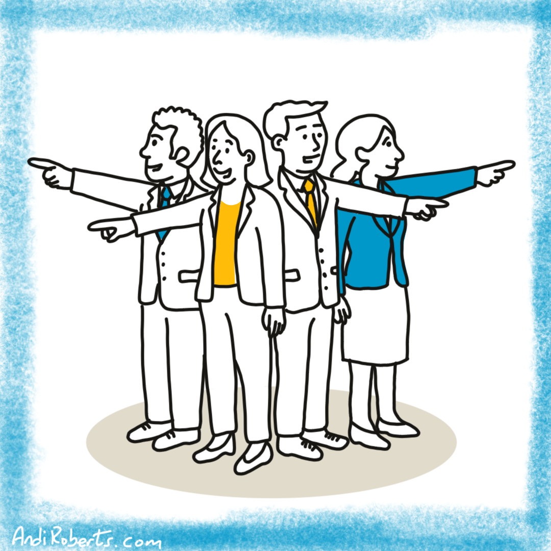 Illustration of four business people pointing in different directions, representing leaders making sense of uncertainty and complexity in decision-making. Cynefin Framework related.