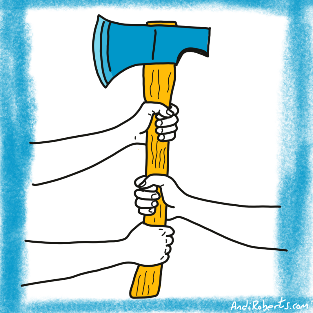 “Team and leader holding an axe symbolising reflection, renewal, and continuous improvement in leadership effectiveness.