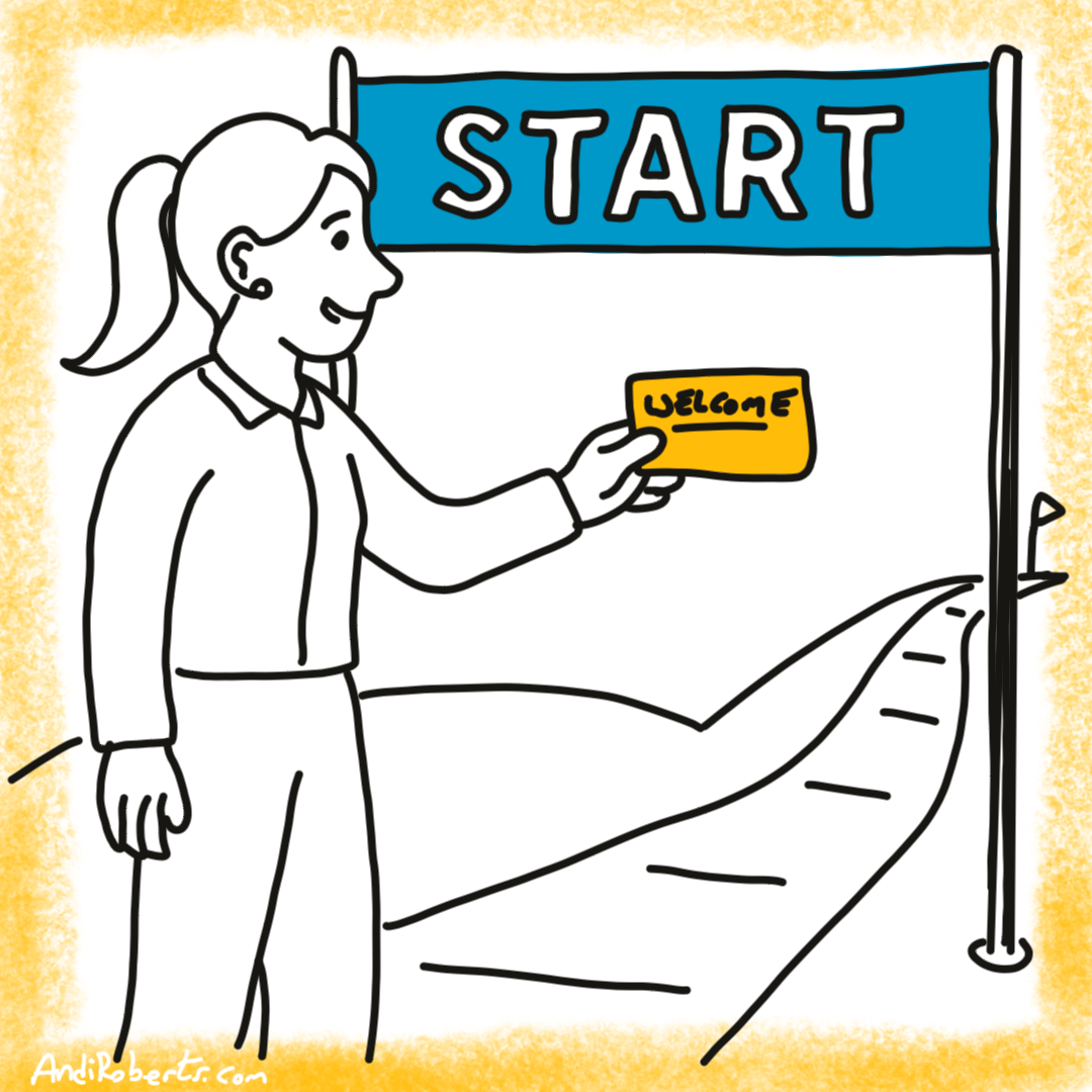 Person at a start gate looking at a card saying welcome. About to onboard a company