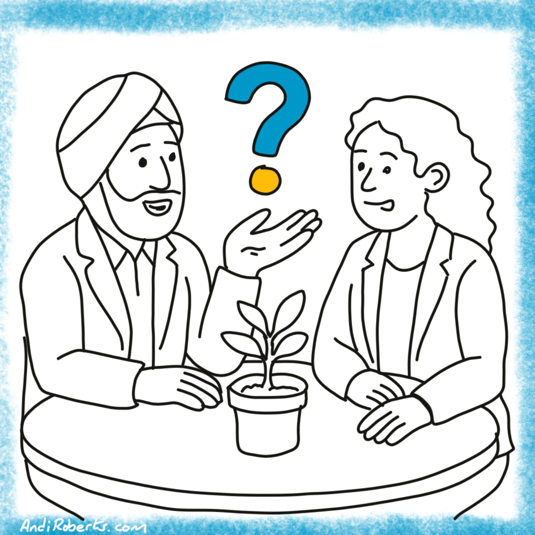 Image of two people executive coaching at a table. One with rgir palm out and question mark hovering above it