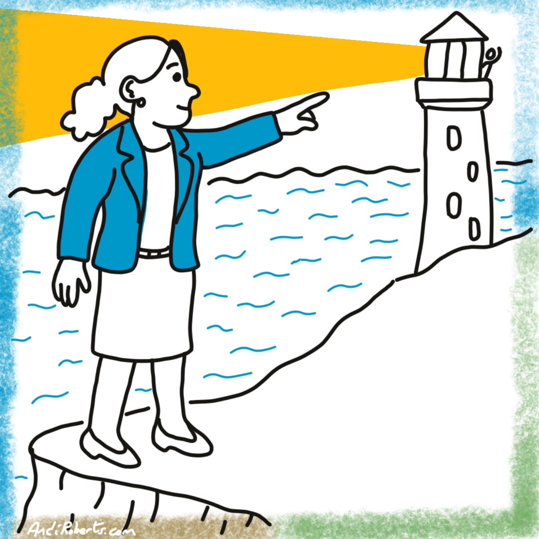 A person pointing towards a lighthouse to create clarity and ownership. This supports the accountability matrix discussed in this post.