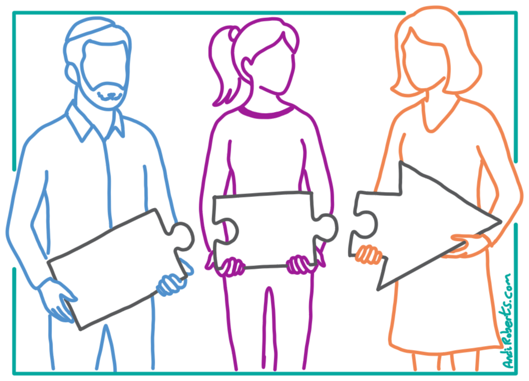 Three people holding elements of an arrow - A metaphor for Guide the group to consensus and desired outcomes.IAF Core competency D3.