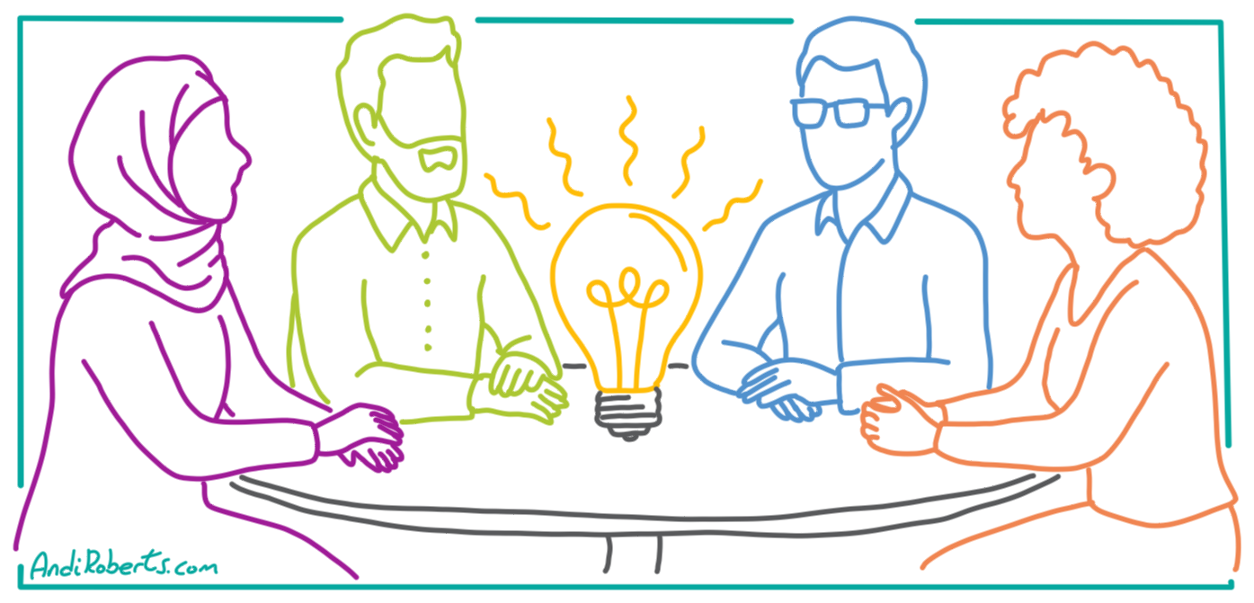 People at a table reflecting with a bulb in the centre - Facilitate group self-awareness about its task