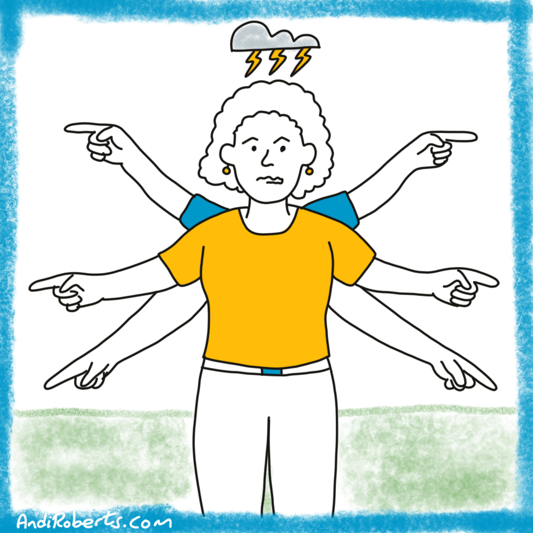 A person with 6 hands pointing in different directions because leadership priorities keep changing