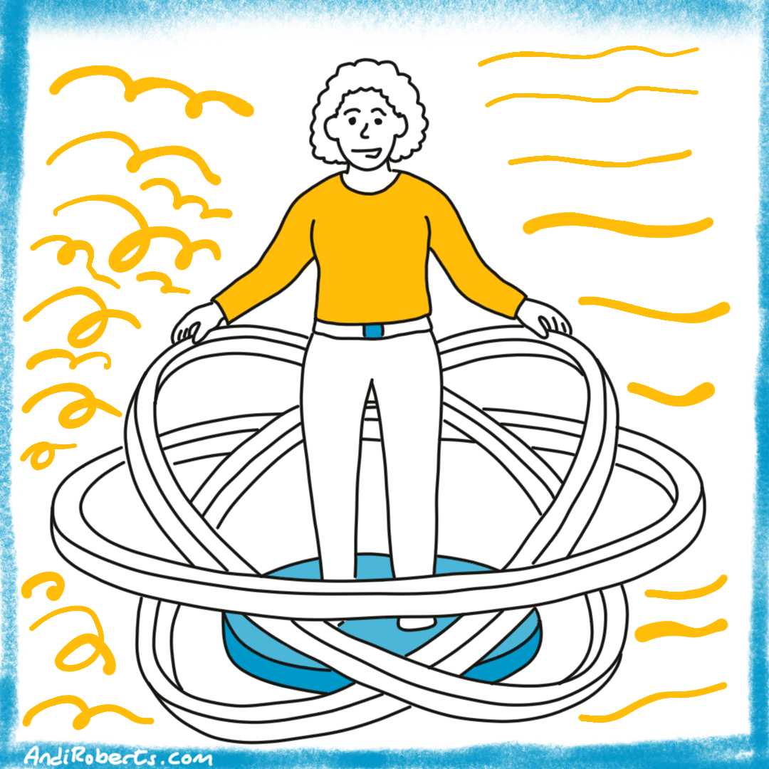 Persona standing in a gyroscope - Connects to article metaphor - team leader managing in flux