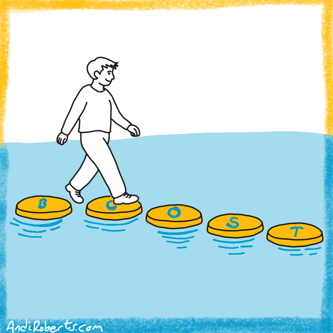 Illustration of the BOOST feedback model acronym on stepping stones: Balanced, Observed, Objective, Specific, Timely