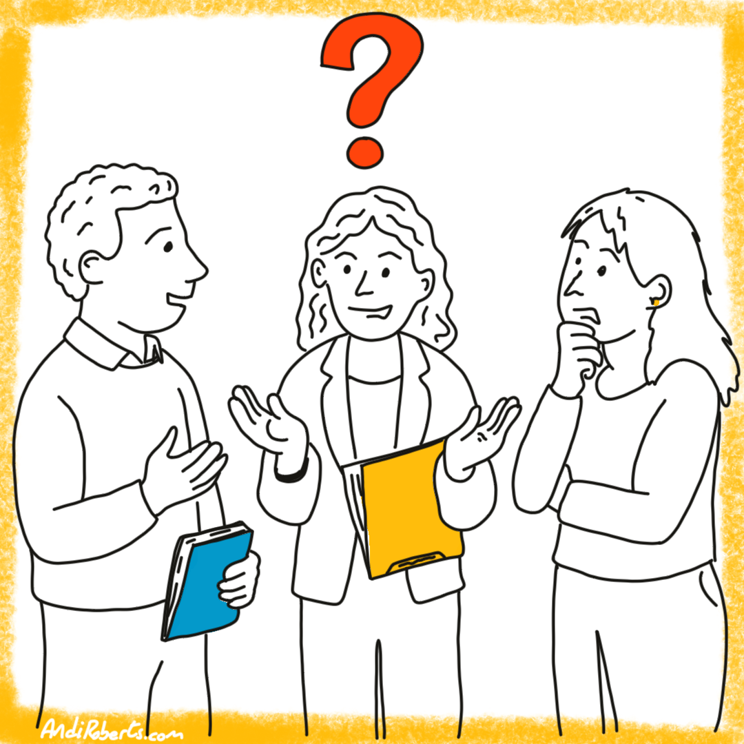 An image of three people meeting and all looking confused. Connects with article: Leading without formal authority
