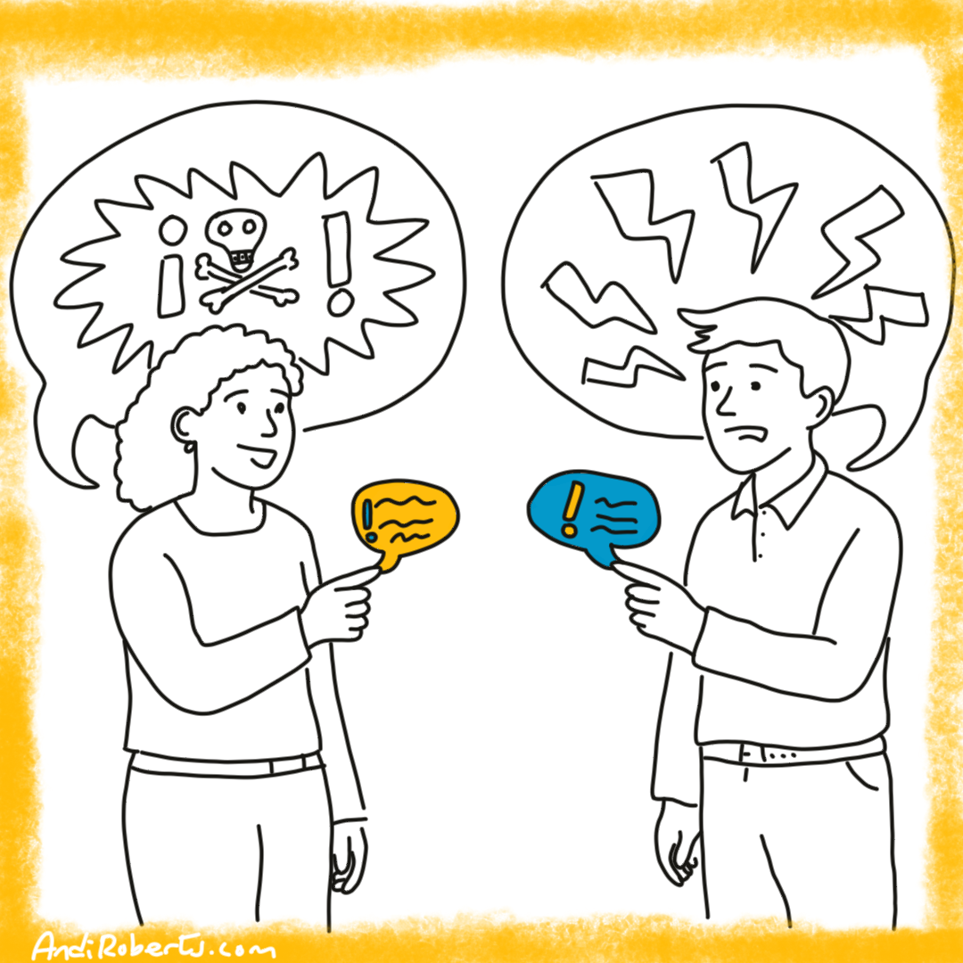 Two people speaking in what looks like a polite conversation but speech bubbles show passive-aggressive behaviour