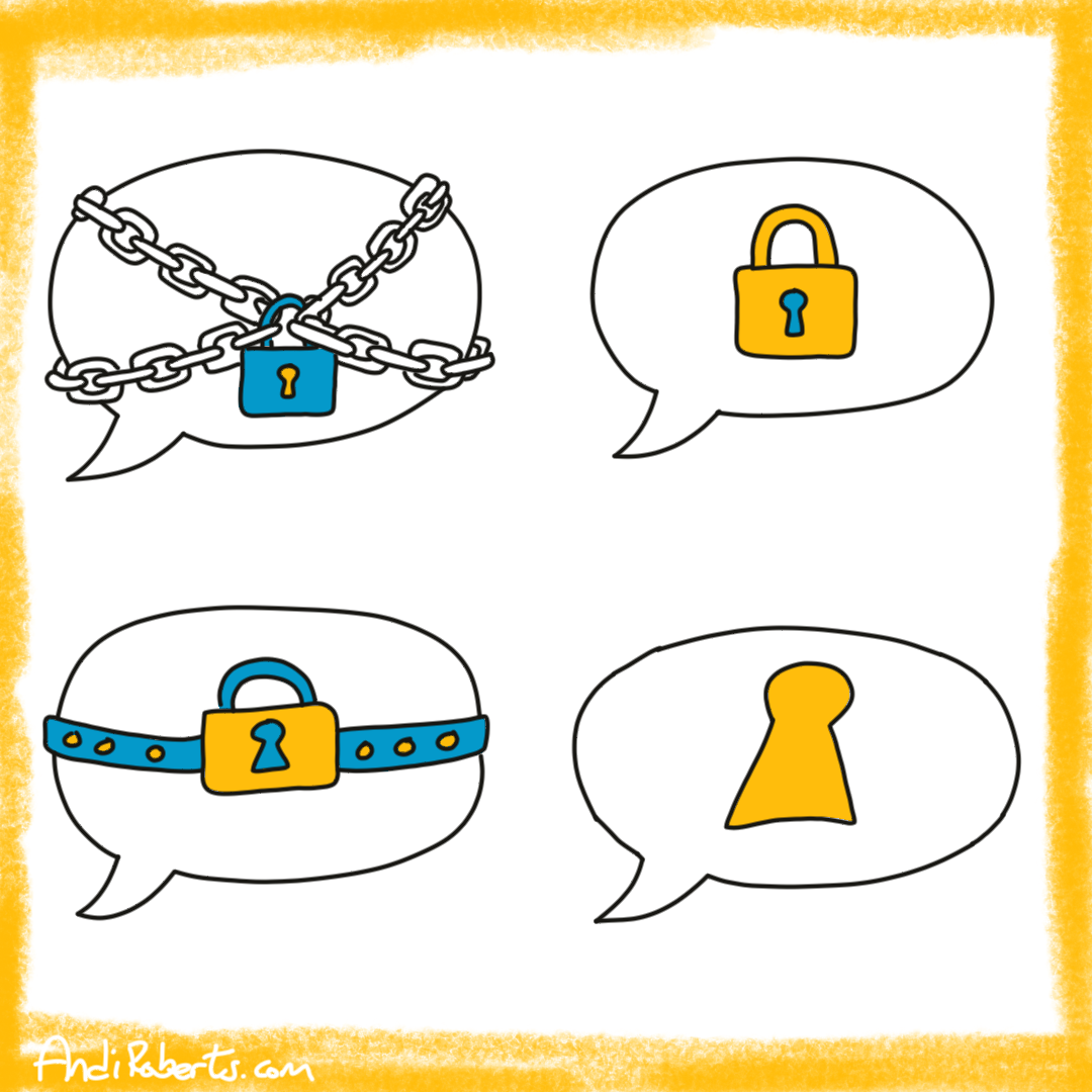 Four speech bubbles lock up by padlocks - denoting silent meetings