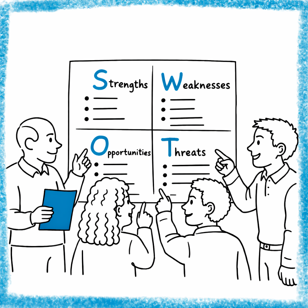 How to run a TEAM SWOT session effectively - four people at a team SWOT chart